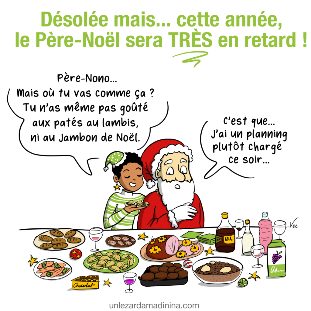 Illustration père Noël devant repas de Noël antillais