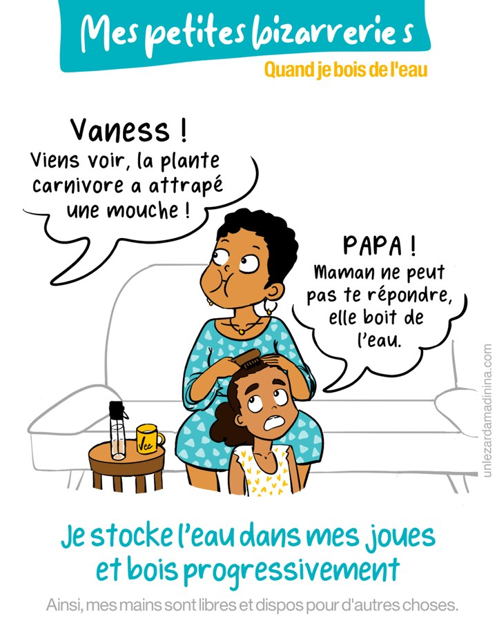 illustration humoristique de Vee, les joues remplies d'eau, en train de coiffer sa fille.